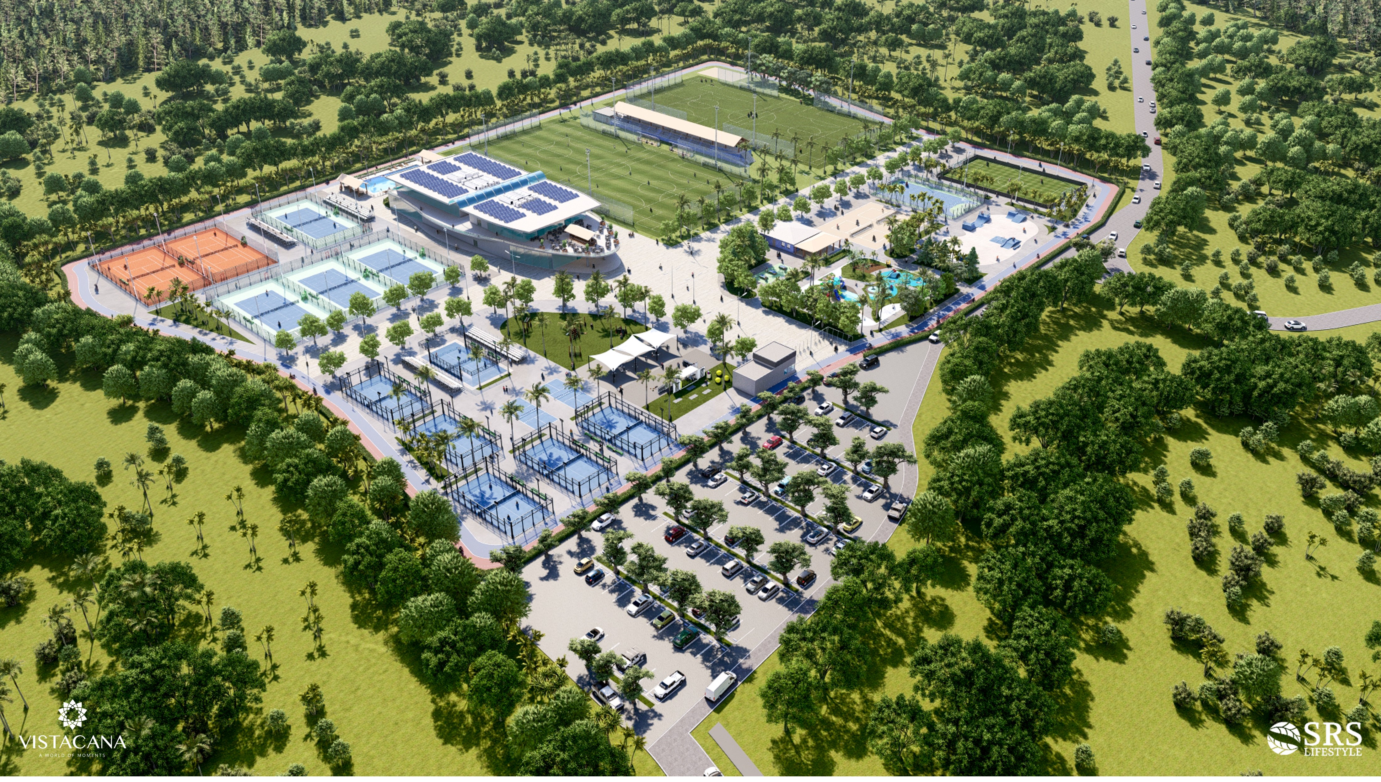 Centro deportivo — render aéreo